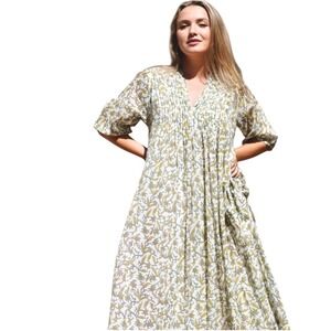 Dolma Women's Skye‎ Cotton Maxi Dress Green Floral Print V Neck White Green Med